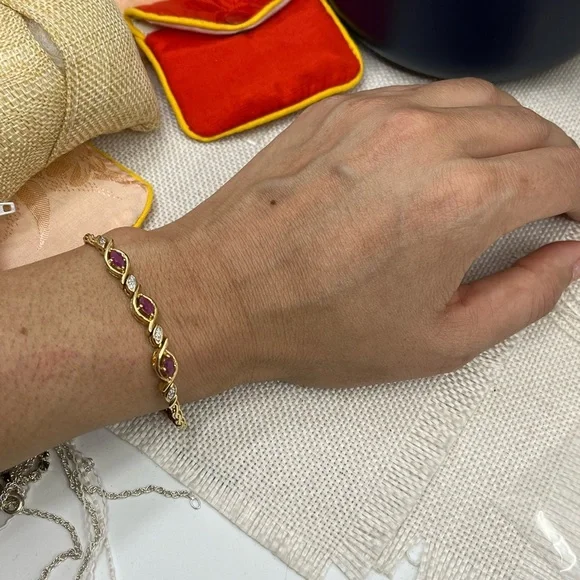 ✨ Vintage 925 Sterling Silver Gold Vermeil Ruby & CZ Tennis Bracelet - 7.25” - Picture 14 of 17